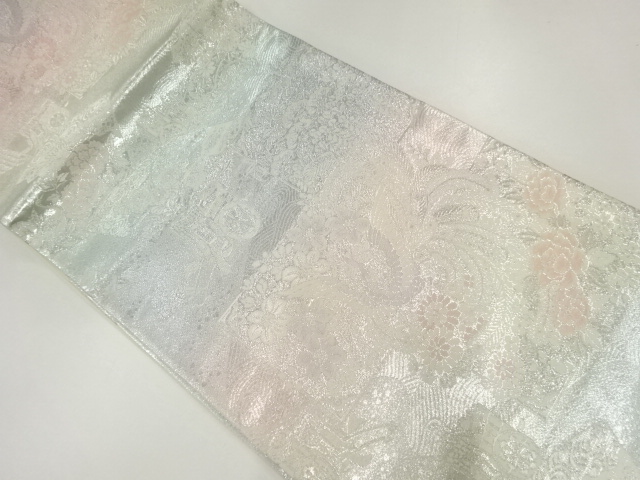 孔雀に草花模様織出し袋帯